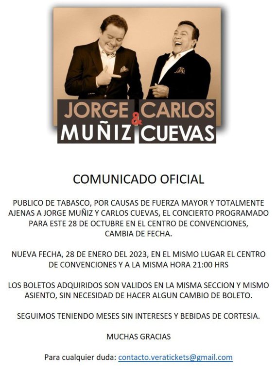 Uno más Reprograman para enero concierto de Carlos Cuevas y Jorge